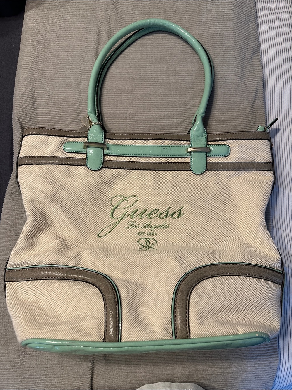 Guess Canvas Tote in Cream with Mint Trim